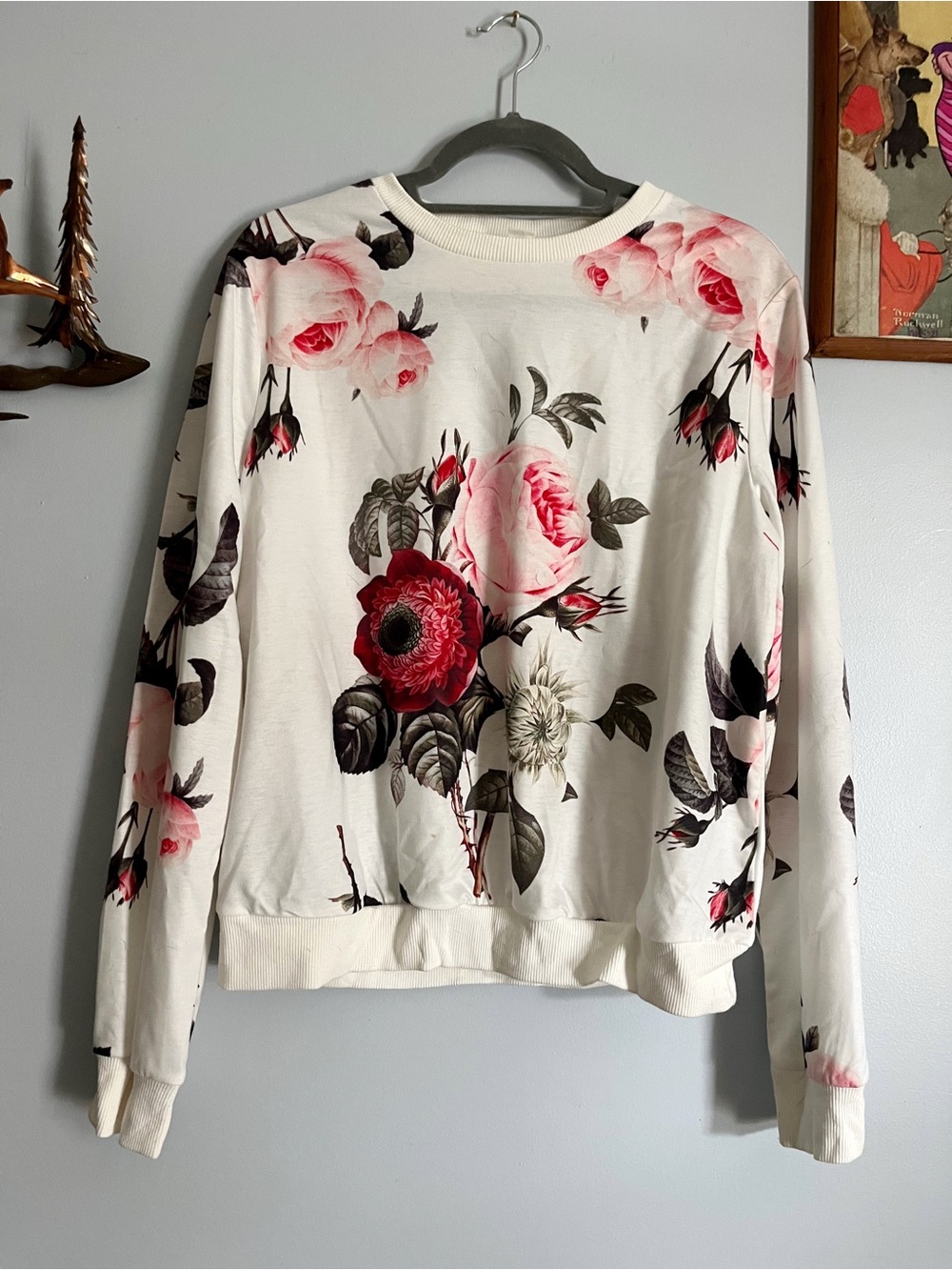White Floral Sweatshirt Rose Print Pullover XL